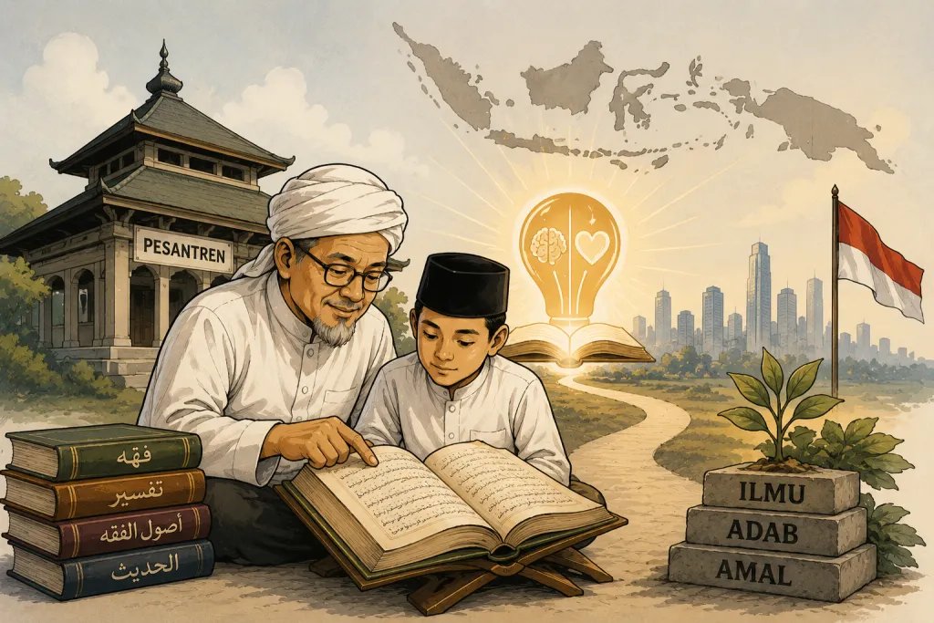 Di tengah derasnya arus zaman modern, pesantren dan tradisi kitab kuning tetap menyalakan cahaya ilmu, adab, dan akhlak sebagai fondasi kebangkitan moral serta intelektual bangsa Indonesia. (Karikatur dibuat oleh AI).